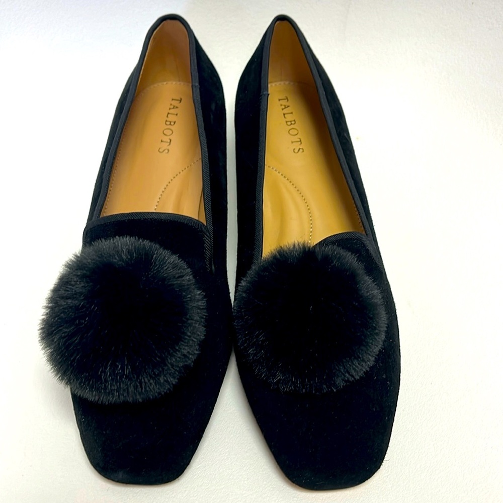 Talbots Black Stella Pom Velvet Flats | US 6